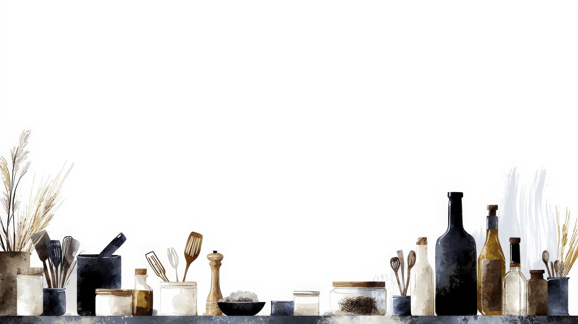 Grande tavolo con ingredienti freschi e attrezzi da cucina